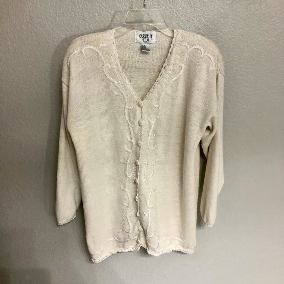 Cute Off White 90s Vintage V-Neck Cardigan Sweater - Size Medium - Picture 6 of 9